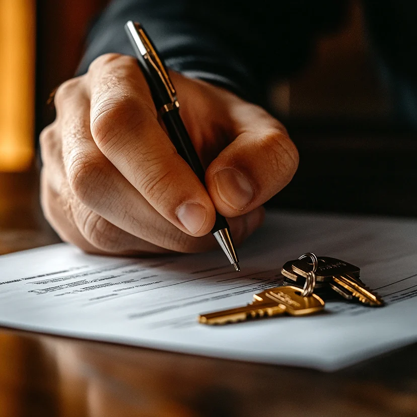 Primer plano de una mano firmando un contrato de arriendo con llaves doradas sobre el papel