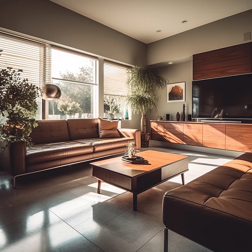 Living moderno con sofá de cuero café, mesa de centro de madera y ventanales: ideas para decorar la cocina y aprovechar el espacio