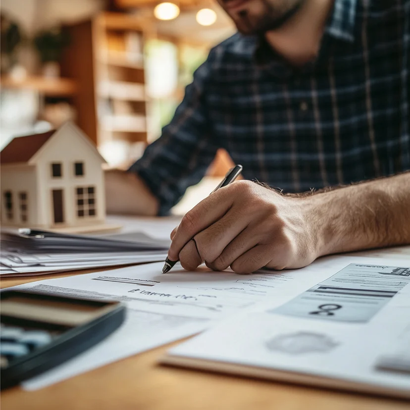 Hombre con camisa a cuadros firmando documentos junto a una maqueta de casa: pie para comprar un departamento