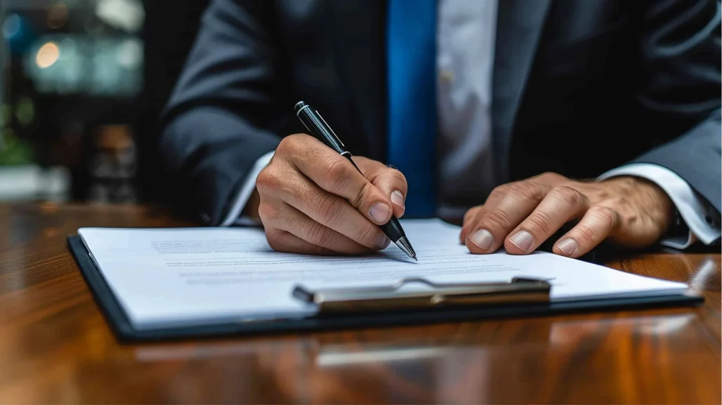Persona firmando una promesa de compraventa de departamento sobre un escritorio de madera