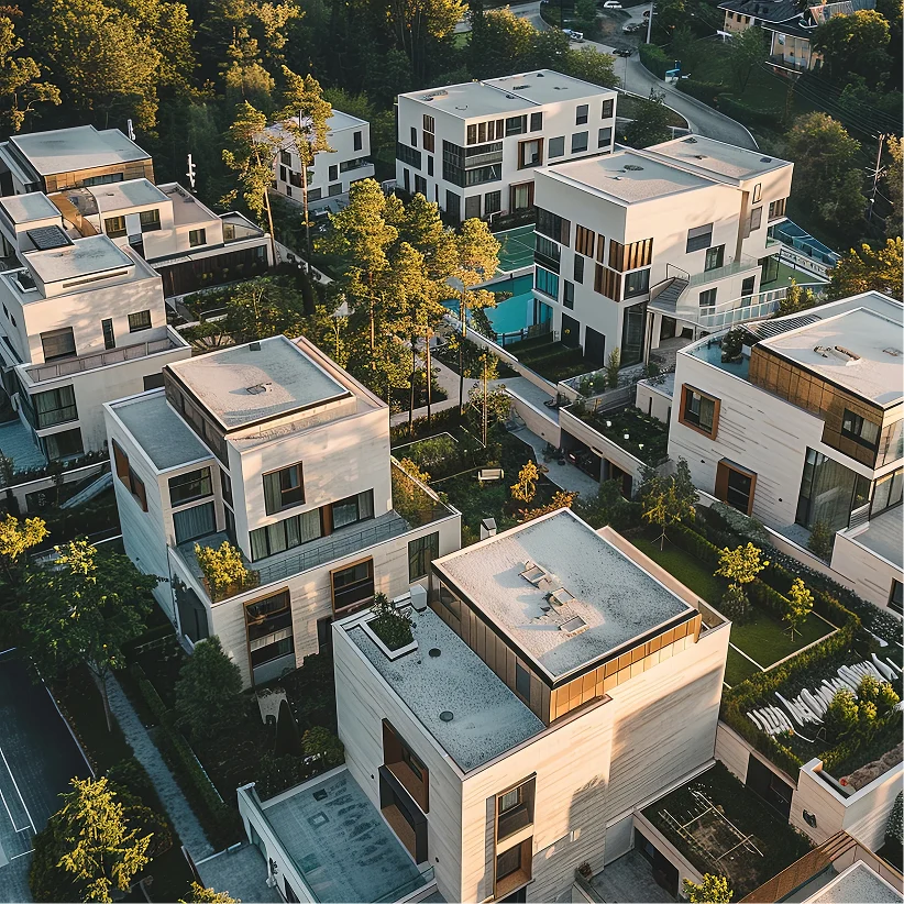 Vista aérea de un conjunto de edificios blancos modernos con árboles y piscina: crédito hipotecario para comprar un departamento